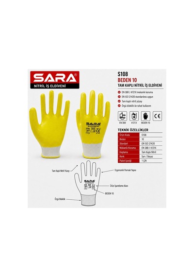 Sara S108 Nitril Iş Eldiveni Beden 10, Tam Kaplı, Sarı/beyaz Sarı - Beyaz