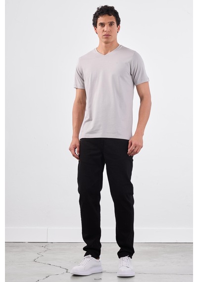 Dufy Gri V Yaka Pamuklu Düz Renk Slim Fit Erkek T-shirt Gri