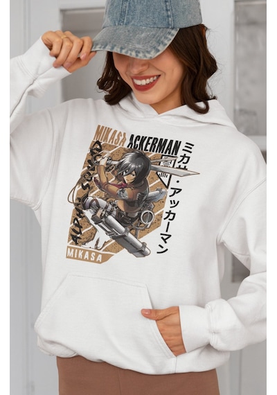 Sevbano Mikasa Ackerman Attack On Titan Baskılı Unisex Oversize Anime Kar beyaz