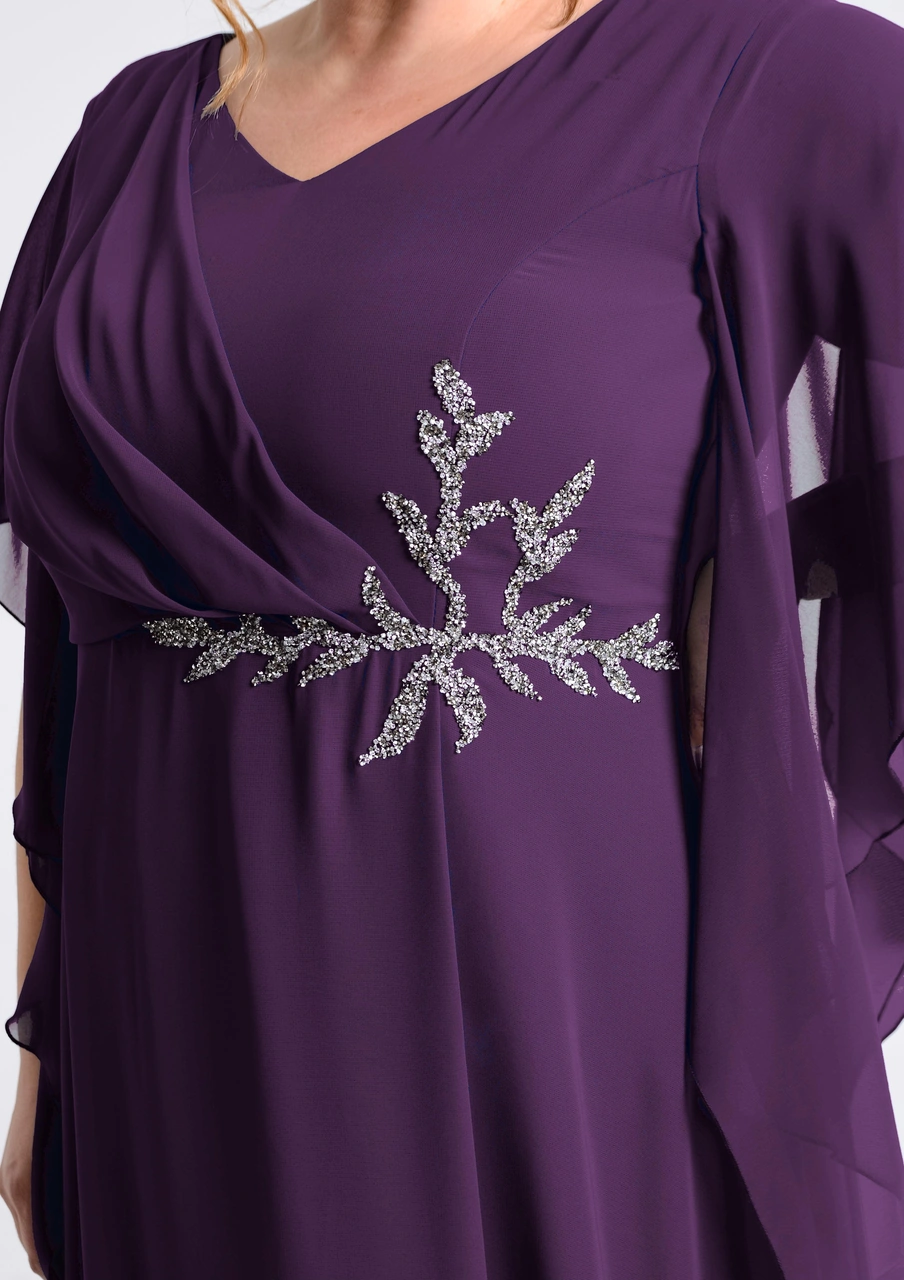 Lilas Xxl Büyük Beden Mürdüm Renkli Yırtmaçlı Uzun Şifon Abiye Elbise Koyu Mürdüm