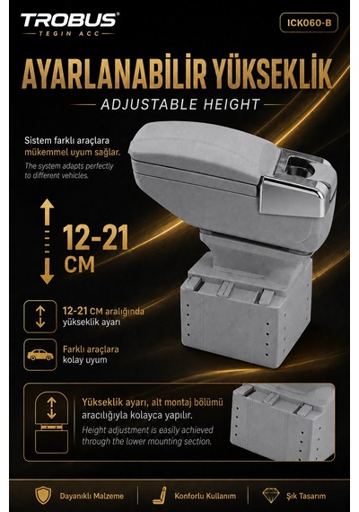 Trobus Fiat Stilo 2001-2007 Uyumlu Premium Gri Sürgülü Ayarlanabilir Ayaklı Kolçak Kol Dayama