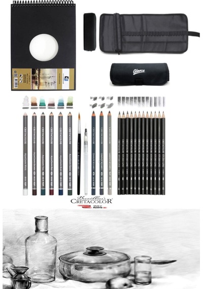 Alex Schoeller A5 300 Gr Cretacolor 6'lı Aquarell Sulandırılabilir Fırçalı Rulo Kalemlik Eskiz Seti