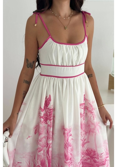 Asprin Fashion Desenli Keten Elbise Pembe Pembe