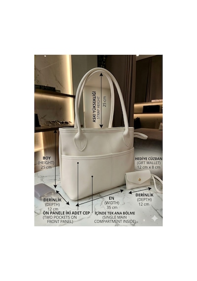 Kadın Tote Shopper Çanta Kontrast Dikiş Ön Cep Ve Cüzdan Detaylı Geniş Hacimli Casual Günlük Omuz Çantası Krem