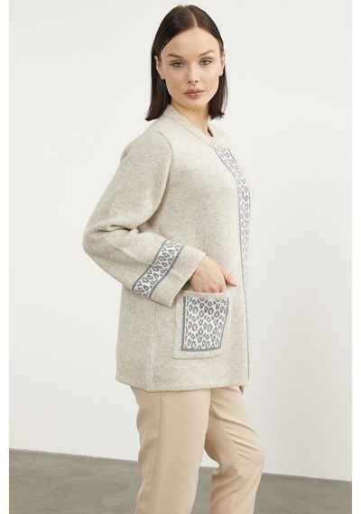 Sementa Leopar Detaylı Geniş Kalıp Triko Hırka - Bej 001