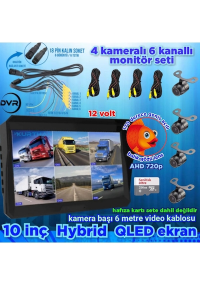 Ledsiz 4 Adet Ahd 720p Balık Gözü Kelebek Kamera 6 Kanallı 10 İnç Qled Ekran 256 Gb 12 Volt