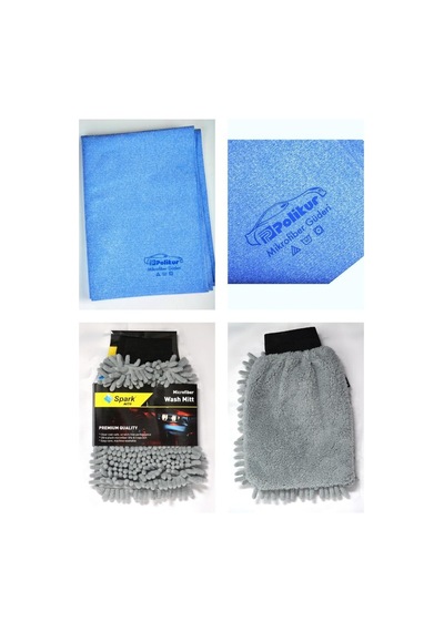 Polikur 3356 Mikrofiber Güderi Oto Kurulama Bezi & Spark 7050 Şönil Oto Temizlik Eldiveni 2'li Set