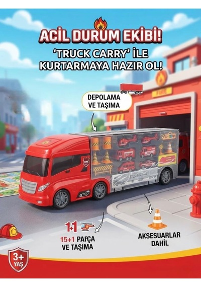 İtfaiye Tırı Taşıyıcı Seti 55 Cm - 16 Parça Aksesuarlı Ve Şeffaf Kapaklı Oyuncak Kamyon
