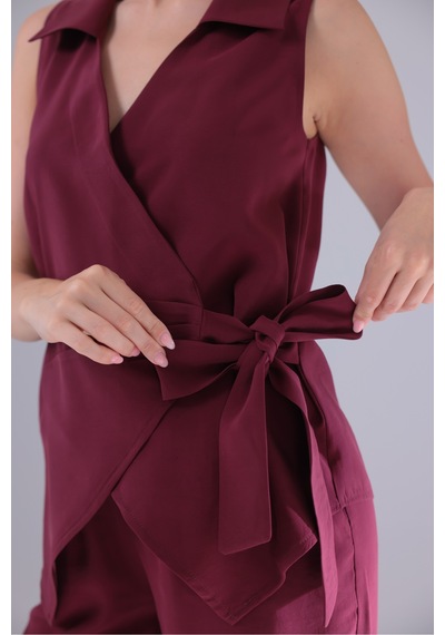Genel Markalar Yandan Bağlamalı Kruvaze Modal Tencel Kumaş Bluz Gömlek Bordo Bordo