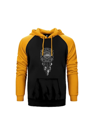 Motorcycle Club Skull Sarı Renk Reglan Kol Kapşonlu Sweatshirt Sarı