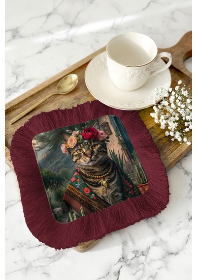 Bohem Sanatsal Kedi Püsküllü Servis Altlığı Mendil - Vintage Çiçekli Rustik Bordo Sunumluk Peçete Çok Renkli