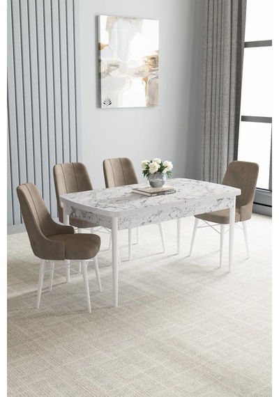 Zümra Serisi, Beyaz Mermer Desen 80x132 Açılabilir Mdf Mutfak Masası Takımı 4 Adet Sandalye Cappucino Zümra Serisi, Beyaz Mermer Desen 80x132 Açılabilir Mdf Mutfak Masası Takımı 4 Adet Sandalye Cappucino