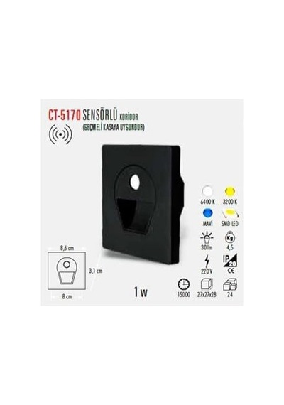 Ct-5170 1 Watt Siyah Kasa Sensörlü Koridör Armatürü Beyaz