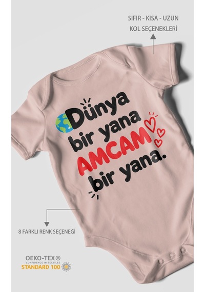 Morivokids Dünya Bir Yana, Amcam Bir Yana Kısa Kollu Bebek Body %100 Pamuk Pastel Pembe