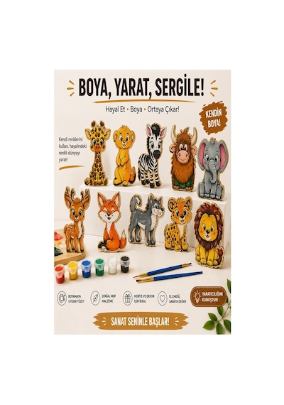 Ahşap Boyama Hayvanlar 10 Lu 1 Paket 10x15cm Set2 Ahşap Boyama 6 Renk Boya Resim Fırçası Etkinlik Çocuk Gelişim Motor