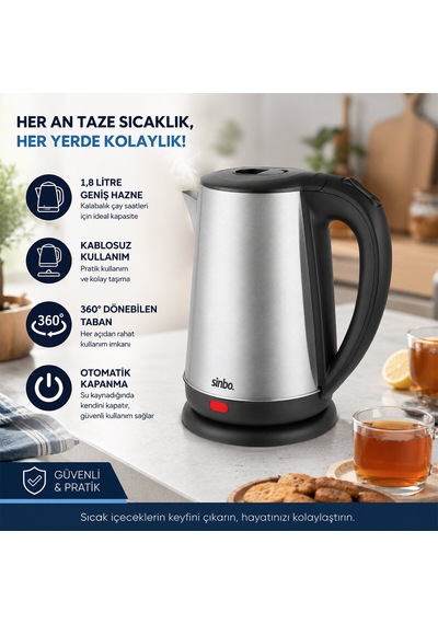Çelik Kettle Su Isıtıcısı Kablosuz Kullanım 1.8lt 360 Derece Dönebilme Otomatik Kapanma Sk-8026 563