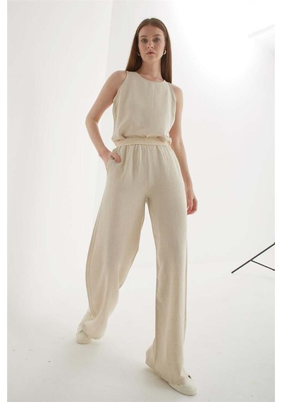 Beli Lastikli Geniş Paça Keten Pantolon Natural Natural