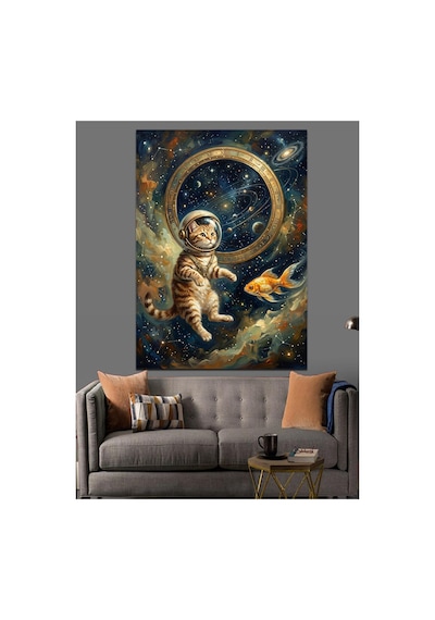 Uzayda Balık Kovalayan Astronot Kedi Yağlı Boya Dokulu Kanvas Tablo Canvas Tablosu