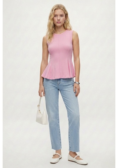 Ritnice Kadın Rowe %100 Pamuk Peplum Sıfır Kol Pembe Bluz