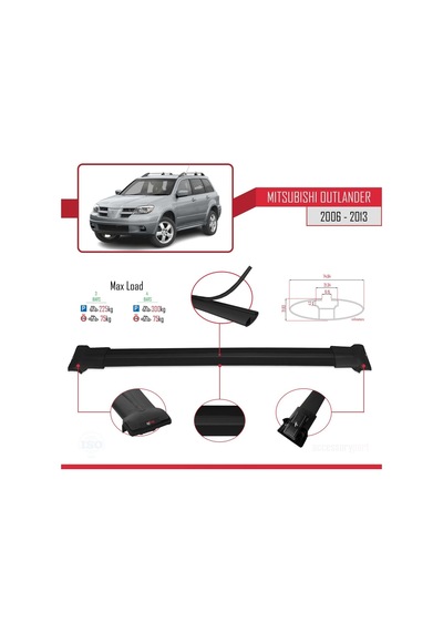 Mitsubishi Outlander 2006-2013 Arası İle Uyumlu Fly Model Ara Atkı Tavan Barı Siyah 3 Adet Bar