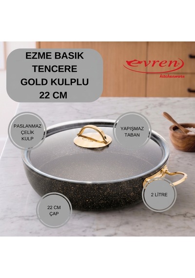 20 Cm Goldstone Ezme Seri Granit Basık Tencere, Non-stick Pilav Karnıyarık Tenceresi 1,7 Lt Çelik Kulp 22 Cm