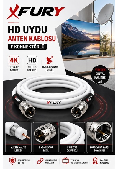 Fury Hd Uydu Anten Kablosu 2 Metre F Konnektörlü Full Hd 4k Tv Kablosu