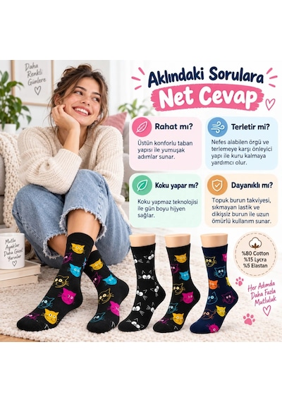 Çorap Giyim Unisex Kedi Desenli Çorap 6'lı Set Pamuklu Renkli Uzun Soket Dikişsiz Nefes Alan Rahat Günlük Çorap Çok Renkli