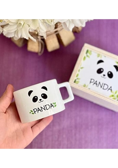 Ahşap Kutusunda Sevimli Panda Kupa Bardak Acı Kahve