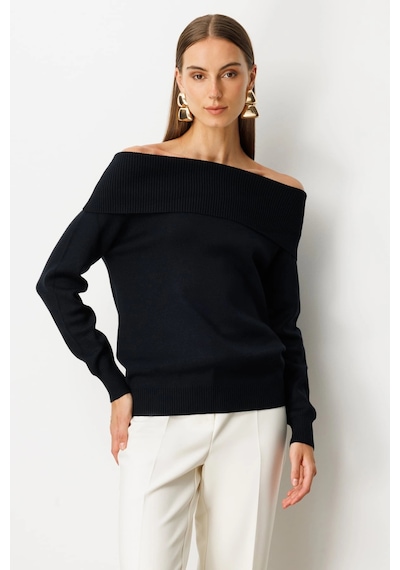 On Fashion Kadın Omzu Açık Siyah Kazak 65380 Siyah