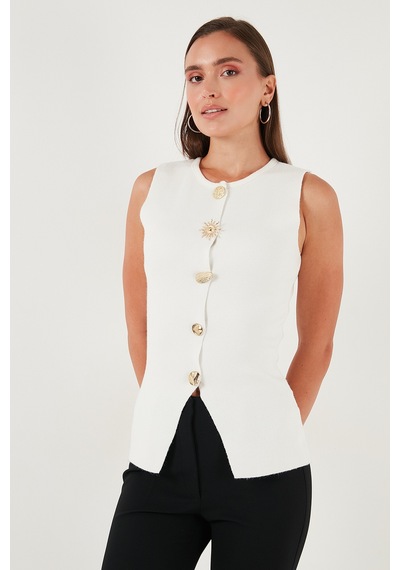 Lela Premium Regular Fit Bisiklet Yaka Düğme Detaylı Bayan Yelek 680Ye00043 Ekru