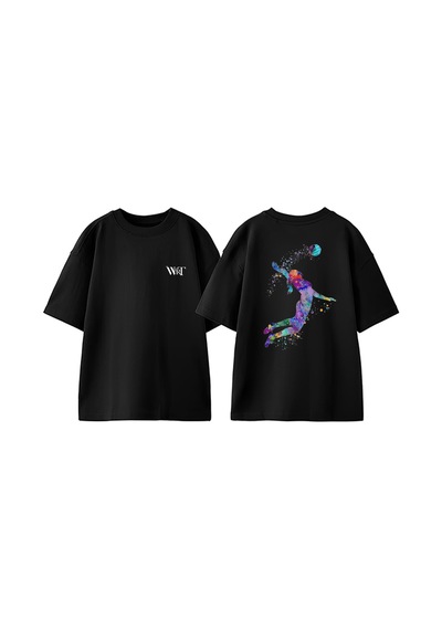 Thewert Voleyboll 5 Tasarım Sırt Baskılı Pamuk Siyah Oversize T-shirt