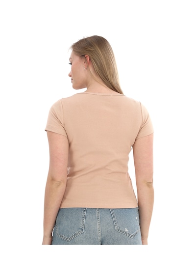 Monox Kadın Fitilli Likralı Pamuk Basic Tshirt Vizon
