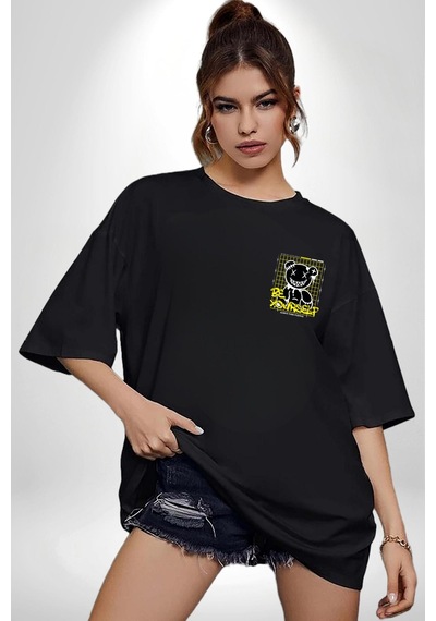 Kendin Ol Siyah Oversize Unisex Ön Sol Yan Minimal Baskılı Tişört Koyu Siyah