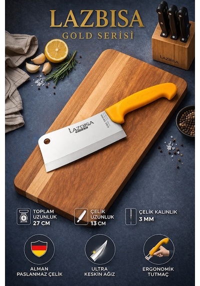 Lazbisa Mft-012 Gold Serisi Pide Börek Mutfak Bıçağı Salata Pizza Bıçak Kıyma Satırı Doğrama 2 Li Set Sarı