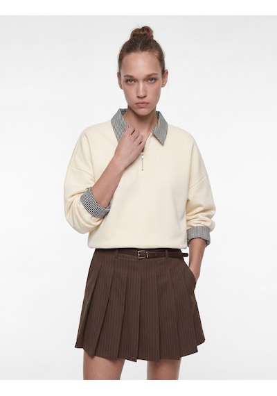 Koton Rahat Kalıp Uzun Kollu Kareli Yaka Detaylı Yarım Fermuarlı Sweatshirt Taş 6sal10557ık