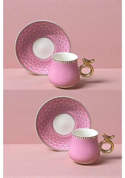 6 Kişilik Pembe Kuş Detaylı Lüks Türk Kahvesi Fincanı - 90 Ml Diğer