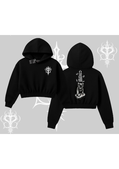 Dj Kedi Baskılı Müzik Temalı Kapşonlu Crop Sweatshirt Siyah