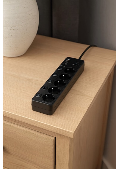 5 Li Priz + 2 Usb-a 2 Usb-c Çoklu Priz Bireysel Anahtarlı Akım Korumalı 2 Metre Kablo Hızlı Şarjlı Uzatma Kablosu 2 M