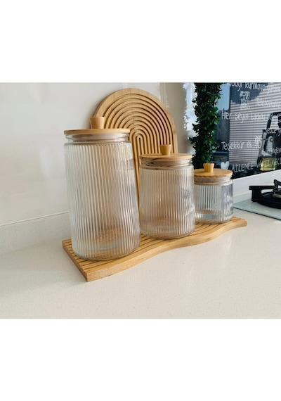 Qerhome Bambu Kapaklı Vakumlu 3'lü Çizgili Kavanoz Seti 800/1300/1800 Ml ŞEffaf