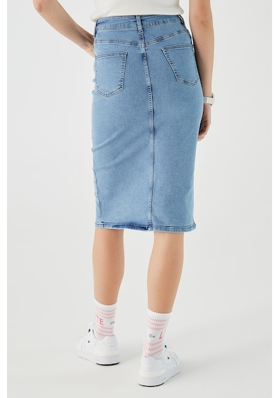 Lacoste Slim Fit Womens Skirt Dar Kesim Yırtmaçlı Kadın Kot Etek Mavi