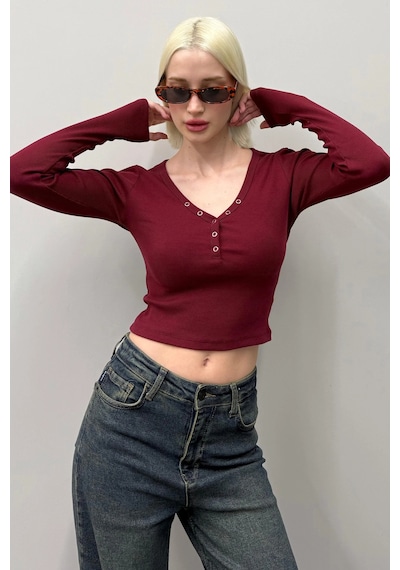 Madmext Bordo V Yaka Uzun Kollu Düğme Detaylı Kaşkorse Bodysuit Mg2194 Bordo