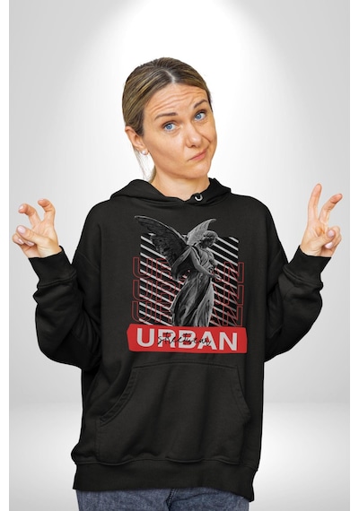 Şehir Sokak Stili Melek Heykeli Kadın Erkek Siyah Kapüşonlu Sweatshirt Hoodie Siyah