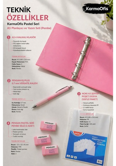 Pastel Pembe Seri A5 Planlayıcı Ve Yazım Seti 4 Halkalı Klasör, Versatil Kalem, Silgi Ve Şeffaf Dosya Pembe