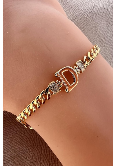 Söğütlü Silver Gümüş Altın Yaldızlı Zirkon Taşlı Üç Boyutlu Gurmet Zincirli Harf Bileklik Barcode Gümüş