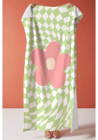 Çiçek Desenli Retro Plaj Havlusu - Yeşil Pembe Modern Geometrik Hızlı Kuruyan Mikrofiber Havlu Örtü Berrak Rüyası