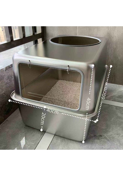 Monozone Büyük Boy Çelik Kedi Kum Kabı Kapalı Sıçrama Önleme Metal Kedi Tuvaleti Paslanmaz Kedi Yatağı
