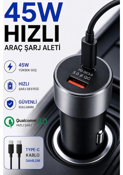 Diğer - 45w Hızlı Araç Şarj Aleti Type C Samsung İphone Telefonlar İçin 45w Hızlı Araba Şarjı Cihazı Ve Kablo