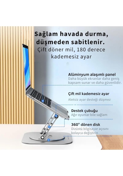 Polham 360 Derece Dönebilen Yükseklik, Açı Ayarlı Notebook, Tablet Standı, Kaydırmaz, Katlanabilir Stand