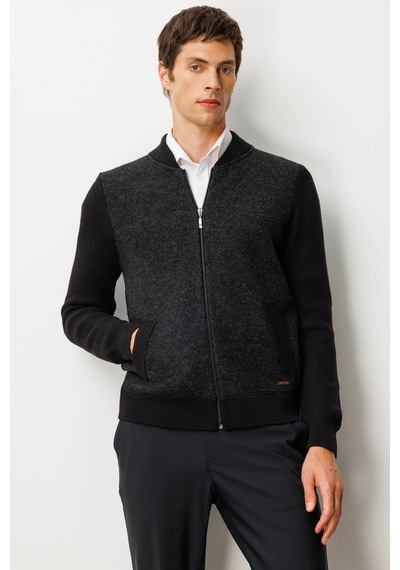Jack & Jones Erkek Hakim Yaka Önü Keçe Triko Mont Desen Siyah