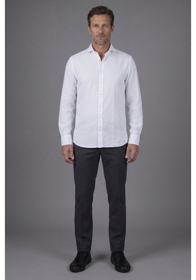 Bisse Regular Fit Alt Birit Yaka Pamuk Keten Beyaz Erkek Gömlek Gmktna122009 D01